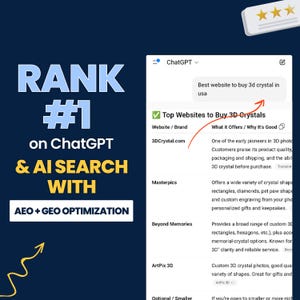 Puede incluir: Imagen que promociona servicios de cristal 3D, con el texto "RANK #1 on ChatGPT & AI SEARCH WITH AEO + GEO OPTIMIZATION." Se muestra una lista de sitios web, incluyendo 3DCrystal.com, con una reseña y una barra de búsqueda de ChatGPT.