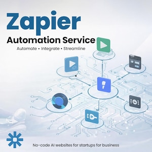 Peut inclure: Une image promotionnelle pour le service d'automatisation de Zapier. L'image présente le mot "Zapier" en grandes lettres bleues, avec le slogan "Automation Service" en dessous. Des icônes représentant les processus d'automatisation sont reliées par un design en forme de circuit. Le texte "Automate • Integrate • Streamline" est également présent.