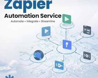 Puede incluir: Una imagen promocional del servicio de automatización de Zapier. La imagen presenta la palabra "Zapier" en letras azules grandes, con el lema "Automation Service" debajo. Los iconos que representan los procesos de automatización están conectados por un diseño similar a un circuito. También está presente el texto "Automate • Integrate • Streamline".