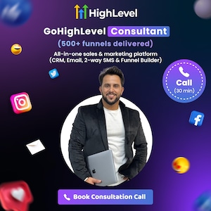 Puede incluir: Un hombre con una chaqueta de traje negra sostiene una computadora portátil. El fondo es un degradado púrpura y azul con iconos de redes sociales. El texto en la imagen dice "GoHighLevel Consultant (500+ funnels delivered) All-in-one sales & marketing platform (CRM, Email, 2-way SMS & Funnel Builder) Call (30 min) Book Consultation Call"