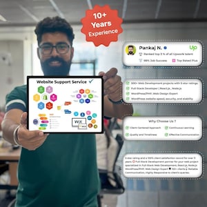 May include: A person holding a tablet showing a "Website Support Service" diagram with icons and the Wix logo. The image includes text about experience, Upwork ranking, and web development services.