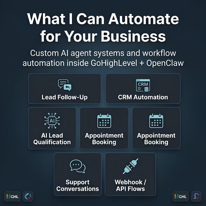 K&ouml;nnte beinhalten: Dunkelblaue Grafik mit wei&szlig;em Text: "What I Can Automate for Your Business". Darunter werden Dienstleistungen wie Lead Follow-Up, CRM-Automatisierung und Terminbuchung aufgelistet. Das Bild enth&auml;lt Symbole und den Text "GoHighLevel + OpenClaw."