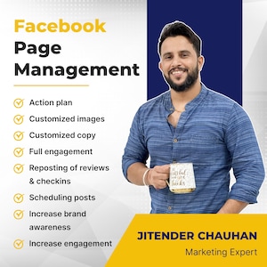 Può includere: Un uomo con la barba tiene in mano una tazza bianca con lettere dorate che dicono "In grateful moments, think of this". È in piedi davanti a uno sfondo blu con una grafica gialla e bianca che dice "Facebook Page Management" e elenca i vantaggi della gestione della pagina Facebook. Il testo include anche il nome "JITENDER CHAUHAN Marketing Expert".