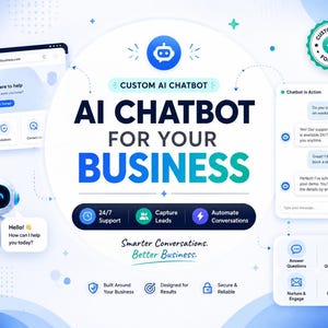 Può includere: Una grafica digitale che promuove un chatbot AI personalizzato per le aziende. Presenta un'icona robot centrale, il testo AI CHATBOT FOR YOUR BUSINESS e pannelli più piccoli che mostrano un'interfaccia web e icone delle funzioni.
