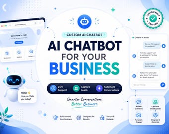 May include: A digital graphic promoting a custom AI chatbot for business. It features a central robot icon, text reading AI CHATBOT FOR YOUR BUSINESS, and smaller panels showing a website interface, a chat conversation, and feature icons.
