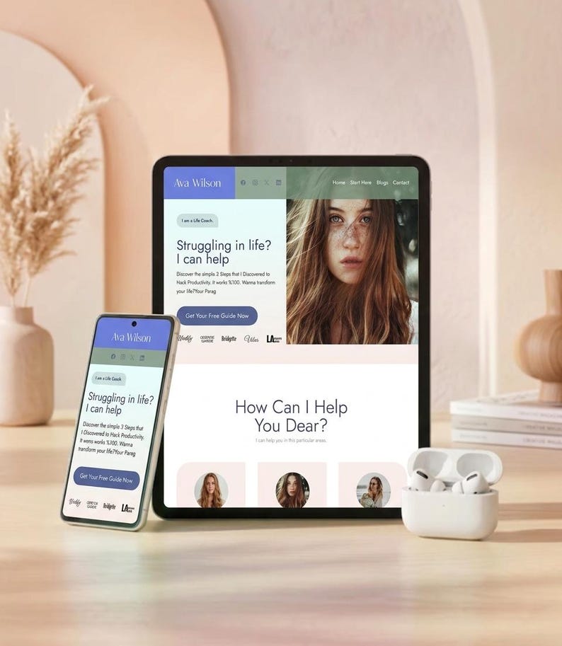May include: A tablet and a smartphone displaying a website for a life coach named Ava Wilson, featuring text that reads Struggling in life? I can help and How Can I Help You Dear? alongside a pair of white wireless earbuds in a charging case.