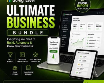 Puede incluir: Un anuncio de un paquete de software de marketing digital con un portátil, un smartphone y una tableta que muestran el panel de control de GoHighLevel, embudos y flujos de trabajo automatizados con texto verde y blanco.