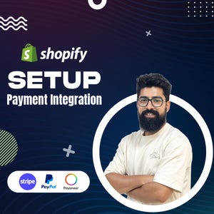 Könnte beinhalten: Werbegrafik für Shopify-Setup und Zahlungsintegration. Das Bild zeigt das Shopify-Logo, den Text "SETUP Payment Integration" und Logos für Stripe, PayPal und Payoneer. Ein Mann mit Brille und Bart befindet sich in einem weißen Kreis.