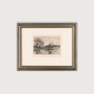Vintage Landscape ETCHING, Antyczny rysunek do pobrania, Dekoracja ścienna w odcieniach ziemi, Wystrój europejski, Szkic rzeki i drzew