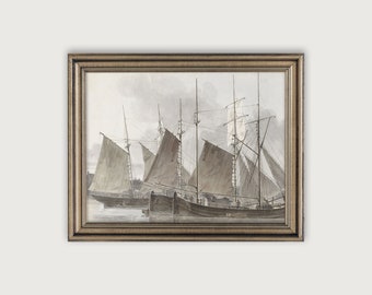 Arte de pared costera vintage, arte de velero, decoración náutica, impresión de arte descargable de velero de acuarela, arte de pared imprimible