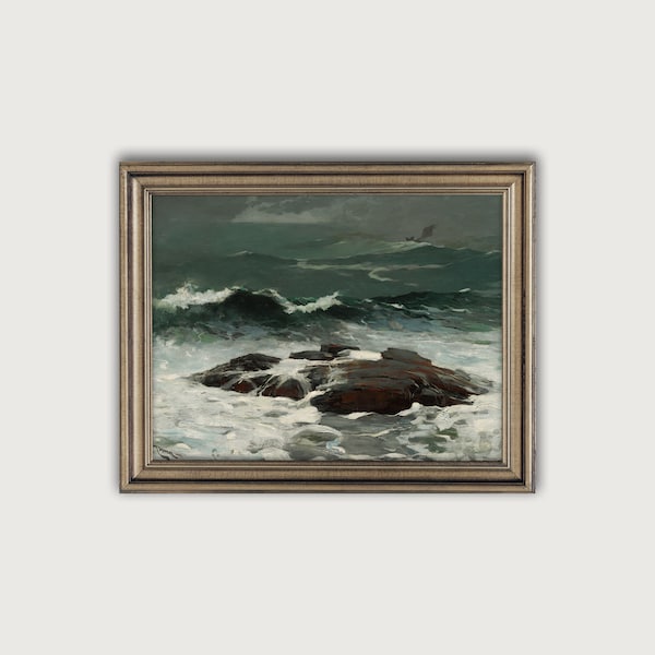 Vintage SEASCAPE PAINTING Printable Art, Moody Coastal Wall Art, Antique Sea Art Print, Ocean Wave Oil Painting