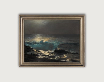 Vintage SEASCAPE PAINTING Printable Art, Moody Coastal Wall Art, Antique Sea Art Print, Ocean Wave Oil Painting