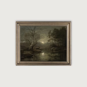 Decoración de la academia oscura, arte imprimible del paisaje de la noche cambiante, pintura al óleo del paisaje de la luz de la luna antigua, arte vintage oscuro, estética victoriana