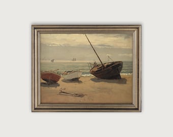 Vintage SEASCAPE PAINTING Printable Art, Moody Coastal Wall Art, Calm Sea Art Print, Sailboat Painting, Antique Nautical Art