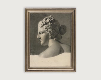 Grecka statua do druku, szkic starożytnej greckiej rzeźby z XVIII wieku, klasyczny wystrój domu, historyczny rysunek, wydruk postaci kobiecej