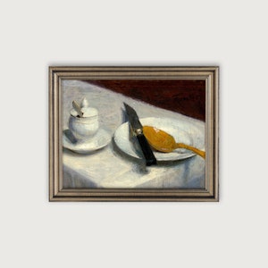Vintage COCINA TODAVÍA VIDA Arte imprimible, Pintura al óleo francesa, Impresión de arte descargable antiguo ecléctico, Arte de pared Moody, Arte de pared silenciado