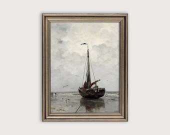 Vintage SEASCAPE PAINTING Printable Art, Moody Coastal Wall Art, Calm Sea Art Print, Sailboat Painting, Antique Nautical Art