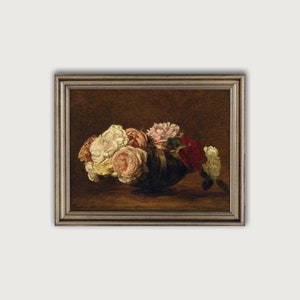 vintage ROSES PAINTING Printable Art, Flower Still Life Oil Painting, Antique Floral Downloadable Art Print, European Gallery Wall Decor