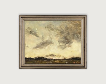 Vintage LANDSCHAP SCHILDERIJ afdrukbare kunst, moderne boerderij kunst aan de muur, Moody Gallery Wall Decor, land landschap print, zonsondergang schilderij