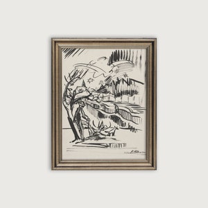 Mid Century Modern Sketch Print, Antique Sketch Downloadable Art Print, Vintage Ink Drawing Printable Art, Black And White Wall Decor