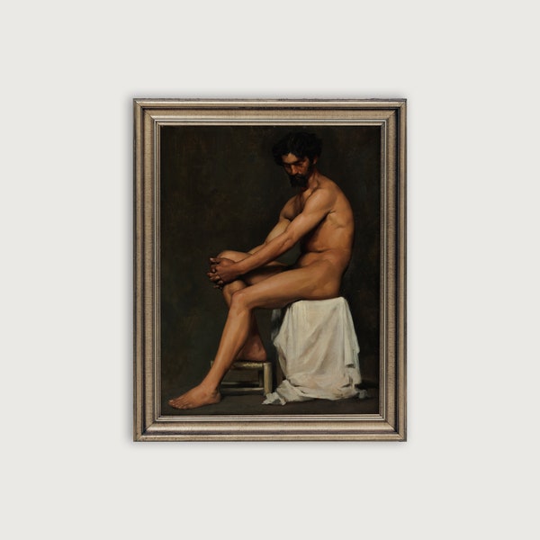 Vintage MALE PORTRAIT PAINTING, Portrait Of A Man, Antique Downloadable Art Print, Nude Man Oil Painting, Moody Gallery, Dark Academia Decor