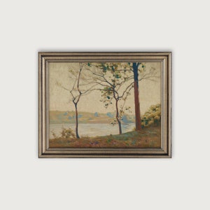 Vintage LANDSCAPE PAINTING arte stampabile, antica casa colonica Wall Art, alberi e fiume Gallery Wall Decor, Country Landscape Print