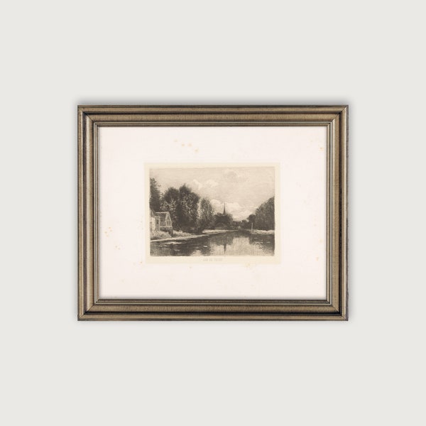 Vintage LANDSCAPE ETCHING, Antique Drawing Downloadable Art Print, Earth Tones Wall Decor, European Decor, River And Trees Sketch