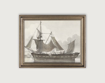 Arte de pared costera vintage, arte de velero, decoración náutica, impresión de arte descargable de velero de acuarela, arte de pared imprimible