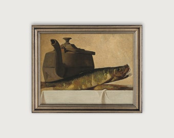 Vintage KITCHEN STILL LIFE Printable Art, Antique Oil Painting, Eclectic Downloadable Art Print, Moody Wall Art, Kitchen Wall Art