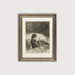 Vintage FEMALE PORTRAIT SKETCH, Antique Sketch Downloadable Art Print, Woman Reading A Book Drawing Printable Art, Vintage Etching