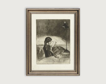 Vintage FEMALE PORTRAIT SKETCH, Antique Sketch Downloadable Art Print, Woman Reading A Book Drawing Printable Art, Vintage Etching