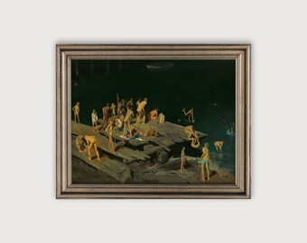 ヴィンテージの子供用水泳絵画、ムーディな海岸沿いの印刷可能なアート、アンティークなダウンロード可能なアートプリント、ダークギャラリーの壁装飾