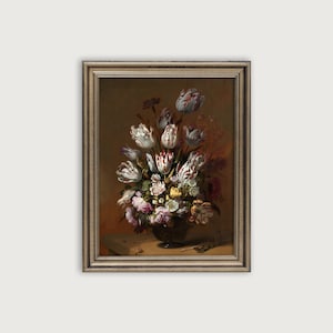 MOODY STILL LIFE Printable Art, Flower Still Life Oil Painting, Antique Downloadable Art Print, Dark Academia Wall Decor, Vase Print