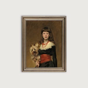 Vintage portret schilderij, portret van een vrouw met hond, eclectische Victoriaanse downloadbare Art Print, antieke olieverfschilderij afdrukbare kunst