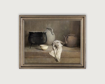Vintage KITCHEN STILL LIFE Printable Art, Antique Oil Painting, Eclectic Downloadable Art Print, Moody Wall Art, Rustic Kitchen Wall Art