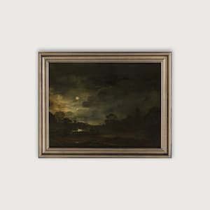 Decoración de la academia oscura, arte imprimible del paisaje de la noche cambiante, pintura al óleo del paisaje de la luz de la luna antigua, arte vintage oscuro, estética victoriana