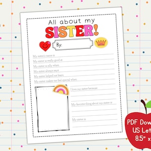 Todo sobre mi hermana, PDF imprimible del Día de los Hermanos, Carta de EE. UU. 8.5x11, Descarga instantánea, Maestra de primaria preescolar, Regalo imprimible