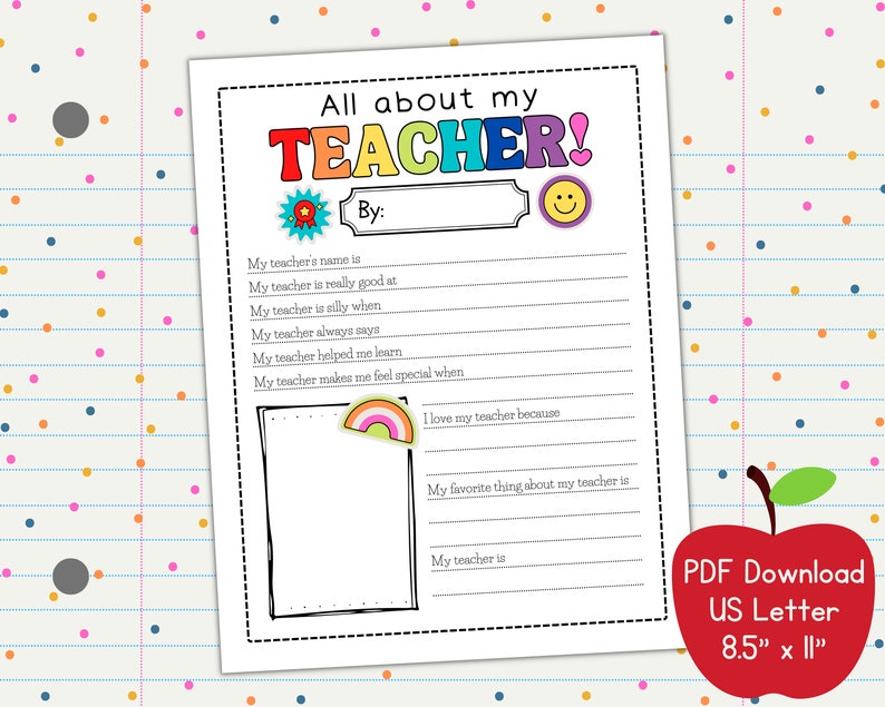All About My Teacher, Teacher Appreciation Week Printable PDF, Instant ...