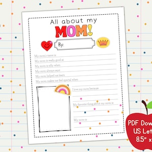 Tudo sobre minha mãe, PDF para impressão do Dia das Mães, Carta dos EUA 8,5x11, Download instantâneo, Professora do ensino fundamental da pré-escola, Presente para impressão para a mãe