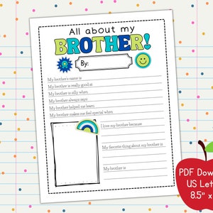 Todo sobre mi hermano, PDF imprimible del Día de los Hermanos, Carta de EE. UU. 8.5x11, Descarga instantánea, Maestro de primaria preescolar, Regalo imprimible