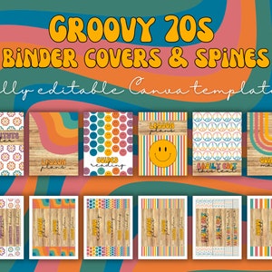 Groovy jaren '70 Binder Covers & Stekels, 6 Ontwerpen, Volledig bewerkbare Canva Template Link, US Letter 8,5 x 11, Hippie Retro Funky Teacher Binders