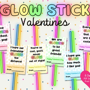 Glow Stick Valentines, Tarjetas de San Valentín PDF imprimibles, Carta de EE. UU. 8.5x11, 6 diseños de arcoíris, San Valentín sin dulces, San Valentín de fiesta de clase