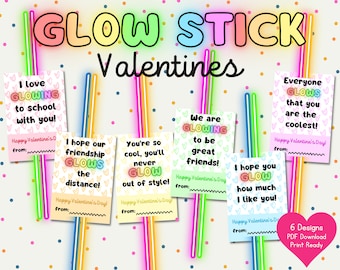 Glow Stick Valentines, Printable PDF Valentine Cards, US Letter 8.5x11, 6 Rainbow Designs, Non-Candy Valentines, Class Party Valentines