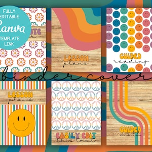 Groovy 70s Binder Covers & Spines, 6 Designs, Fully Editable Canva Template Link, US Letter 8.5 x 11, Hippie Retro Funky Teacher Binders