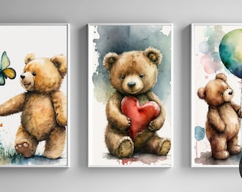 Set Of 3 Cute Teddy Bears Nursery Watercolor Painting Printable Wall Art Watercolors Paintings Watercolor Painted Digital Print Home Decor