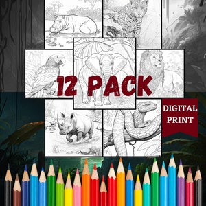 Coloring Book With Jungle Animals, Digital Download, 12 pack Jungle Animals, Instant Download, Adult Anti Anxiety and Stress Coloring Book
