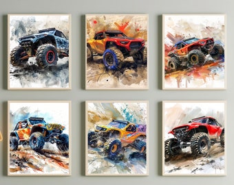 Set of 6 Prints Boys Room Toy Gift Car Print Watercolor Painting Digital Art Pack Offroad Watercolor Painting  Wall Art Home Decor Nursery