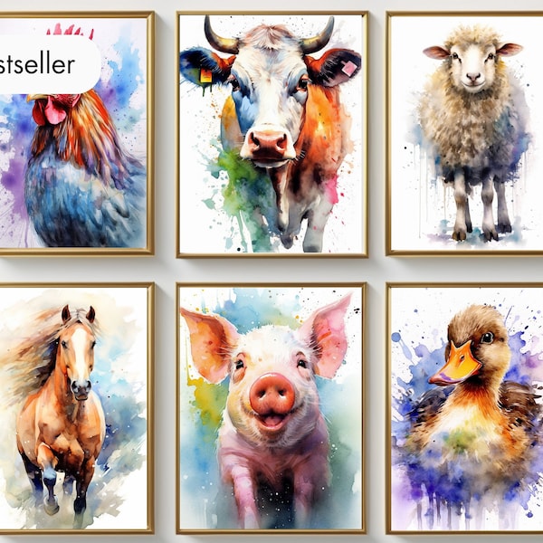 Ensemble de 6 animaux de ferme imprimer des peintures à l’aquarelle numérique Art Pack animal aquarelle peinture murale Art Home Decor aquarelle pépinière Art