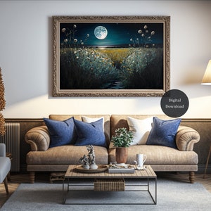 Field Of Flowers Painting, Digital Download Oil Painting, Flowers and Moon Printable Wall Art, Digiprint, Home Decor image 3