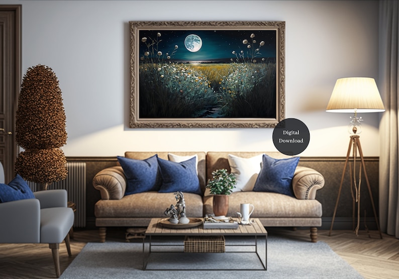 Field Of Flowers Painting, Digital Download Oil Painting, Flowers and Moon Printable Wall Art, Digiprint, Home Decor image 3